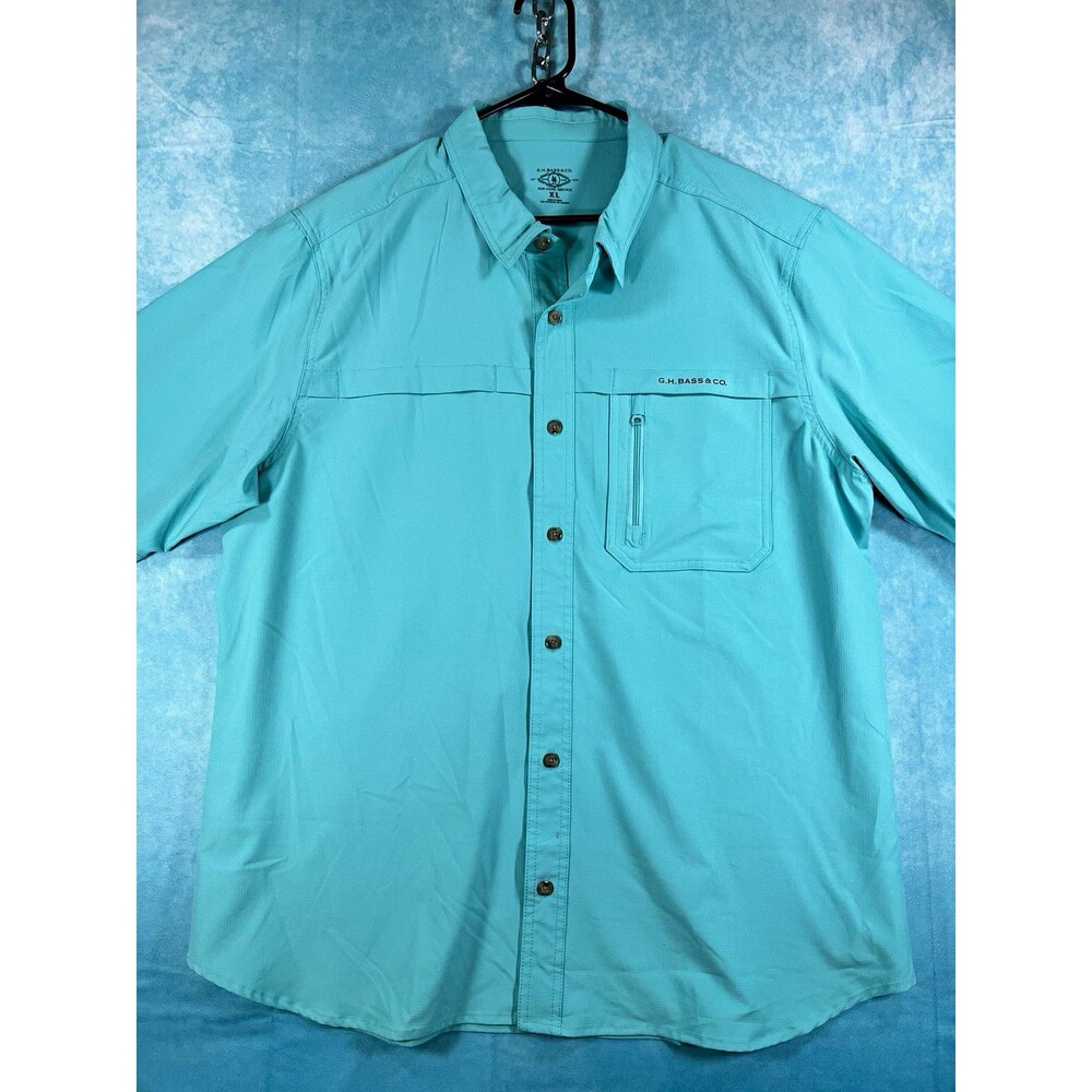 G.H. Bass & Co. Men's XL Blue Solid Polyester/Spandex Short Sleeve Button-Up